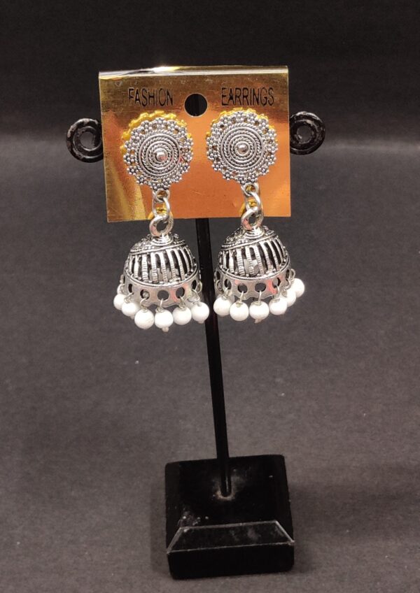 Trending Silver Oxidized Jhumka with White beads